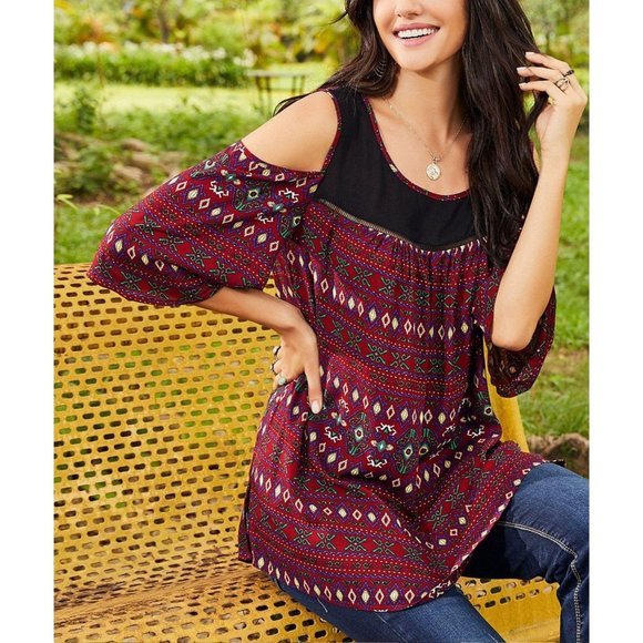 NWT SUZANNE BETRO Maroon & Black Cold Shoulder Top - Picture 3 of 5